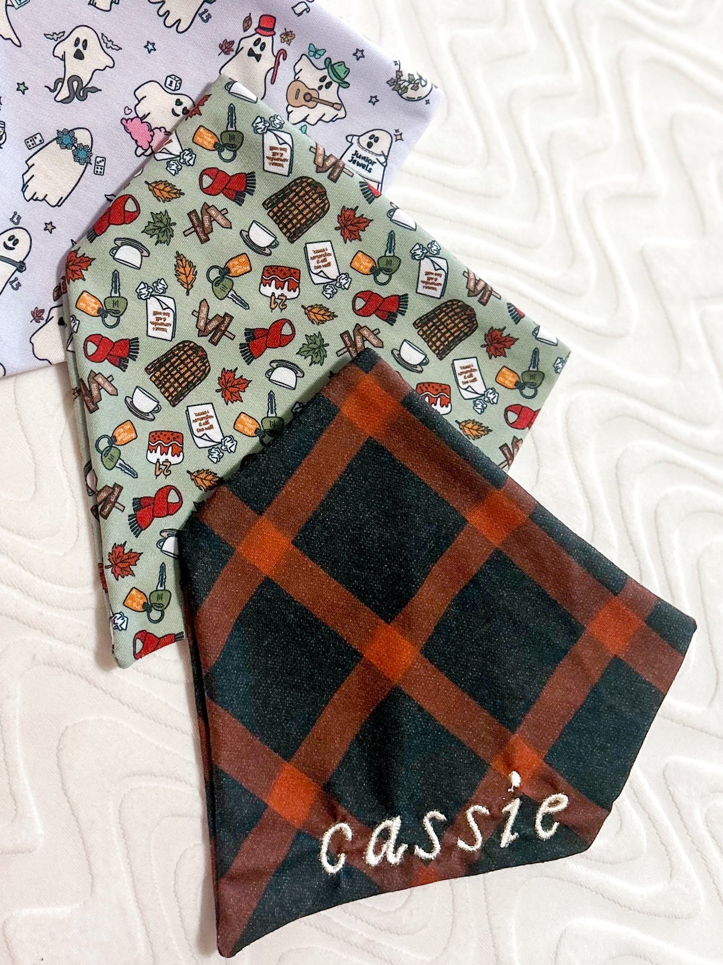 Collection of patterned bandanas on a textured surface