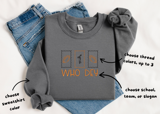 Gray sweatshirt with customizable text on a white background