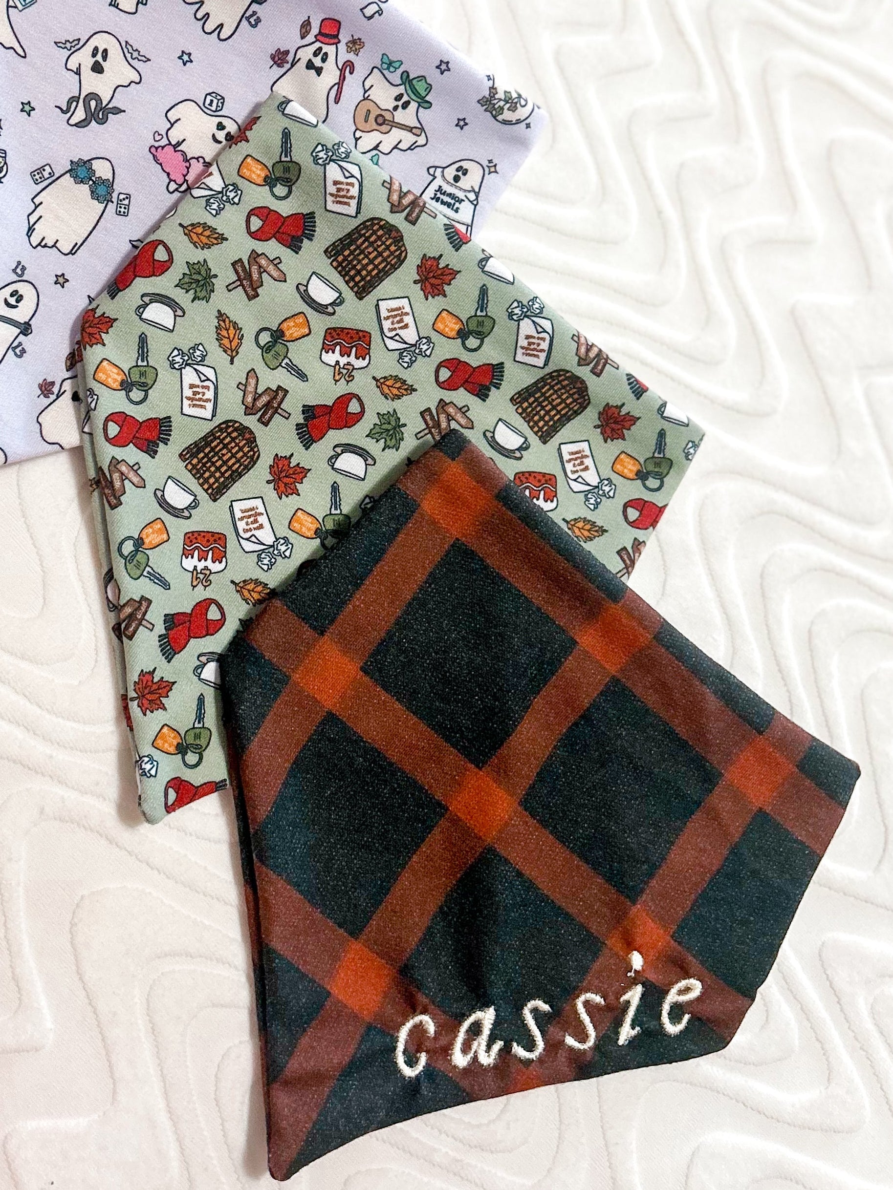 Collection of patterned bandanas on a textured surface